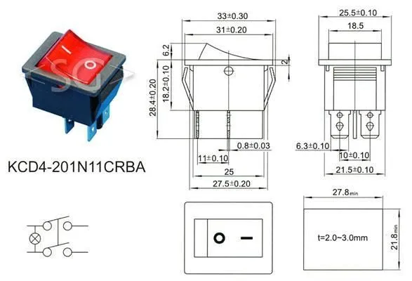 Переключатель KCD4-201N11CRBA ON-OFF 4pin=KCD2-201/N