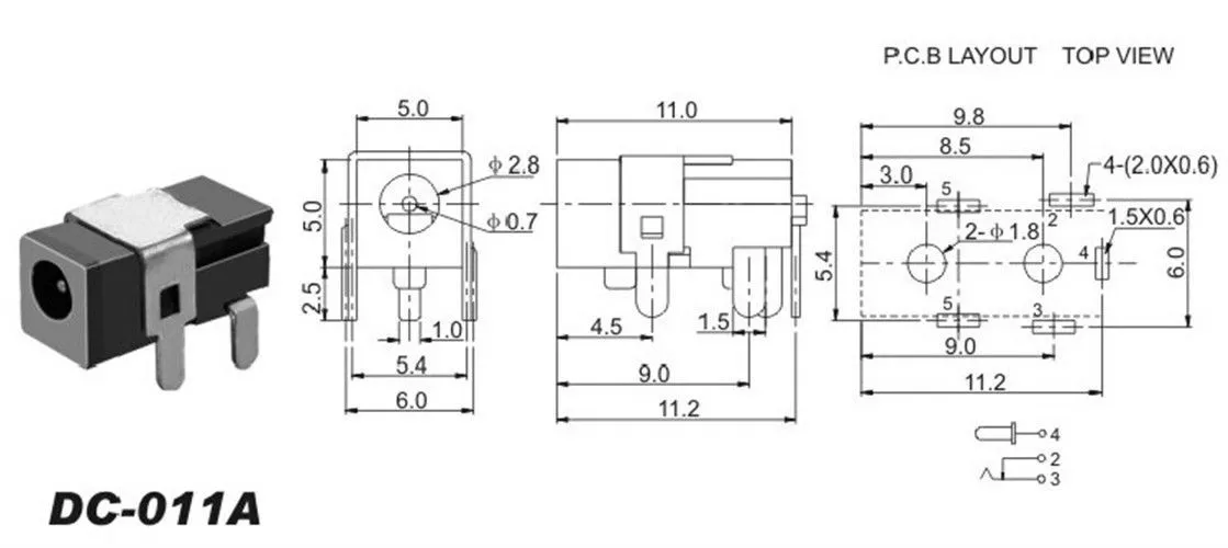 Разъем DIP DC-011A 2,8*0,7mm 5pin разм 11*5